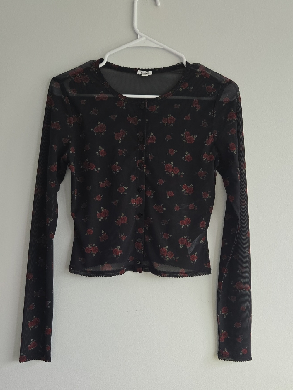 Garage Black Mesh Long Sleeve Top with Red Floral Print